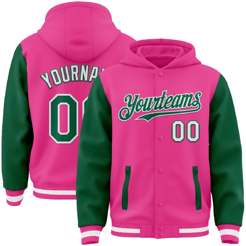 Soft And Breathable Unisex Loungewear Fashionista Sale Custom Pink Kelly Green-White Bomber Full-Snap Varsity Letterman Two Tone Hoodie Jacket Soft And Breathable Unisex Loungewear Fashionista Sale Custom Pink Kelly Green-White Bomber Full-Snap Varsity Letterman Two Tone Hoodie Jacket