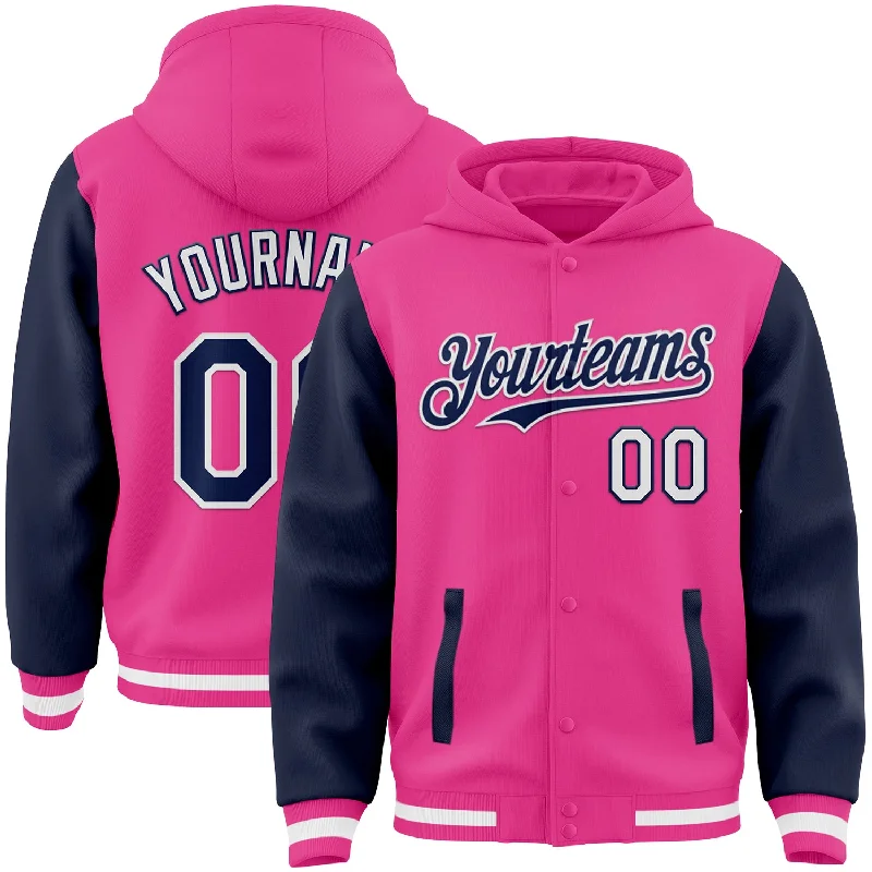All-Season Unisex Clothing Collection Modern Chic Discounts Custom Pink Navy-White Bomber Full-Snap Varsity Letterman Two Tone Hoodie Jacket All-Season Unisex Clothing Collection Modern Chic Discounts Custom Pink Navy-White Bomber Full-Snap Varsity Letterman Two Tone Hoodie Jacket