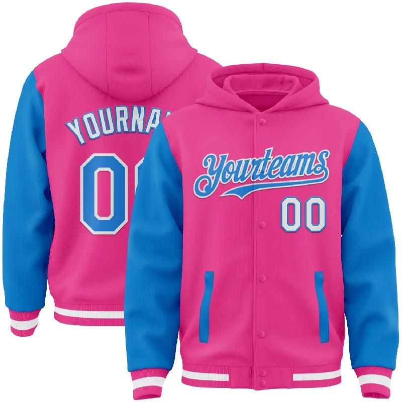 Versatile Clothing For All Genders Fashion-Forward Offers Custom Pink Powder Blue-White Bomber Full-Snap Varsity Letterman Two Tone Hoodie Jacket Versatile Clothing For All Genders Fashion-Forward Offers Custom Pink Powder Blue-White Bomber Full-Snap Varsity Letterman Two Tone Hoodie Jacket