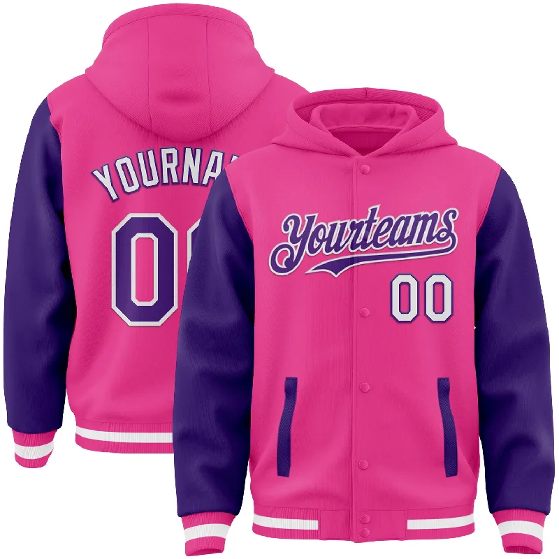 Bold And Trendy Gender-Neutral Outfits Luxury Casual Deals Custom Pink Purple-White Bomber Full-Snap Varsity Letterman Two Tone Hoodie Jacket Bold And Trendy Gender-Neutral Outfits Luxury Casual Deals Custom Pink Purple-White Bomber Full-Snap Varsity Letterman Two Tone Hoodie Jacket