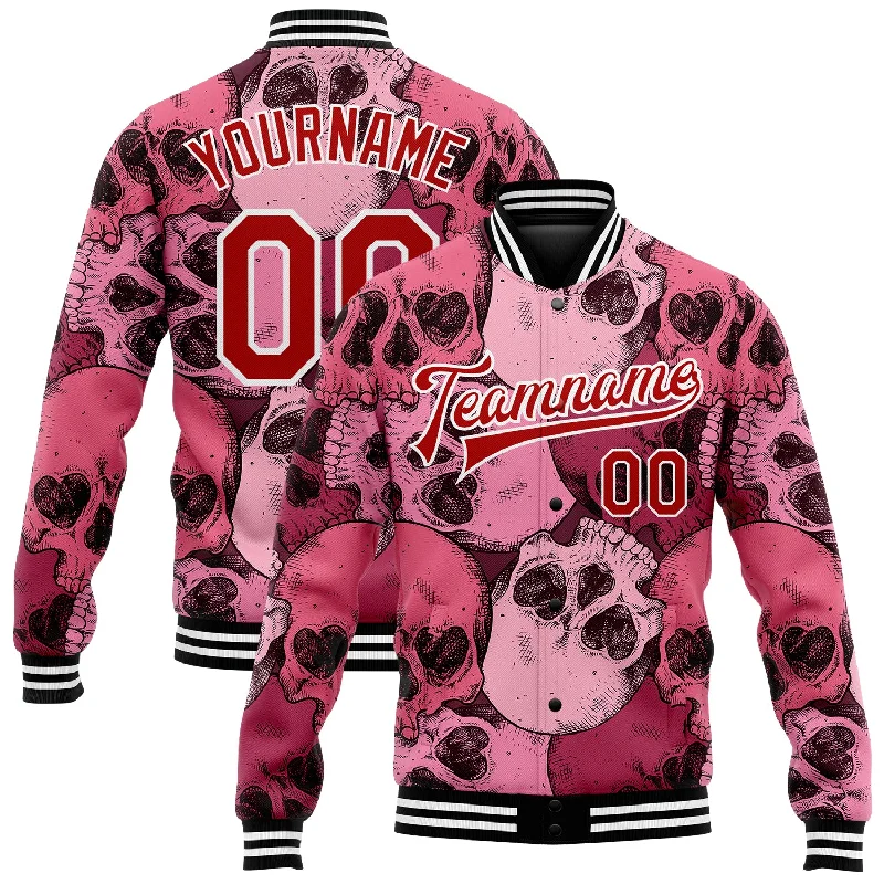 Sleek And Contemporary Gender-Free Outfits Sophisticated Street Style Offers Custom Pink Red-White Skull With Heart Shaped Eyes 3D Bomber Full-Snap Varsity Letterman Jacket Sleek And Contemporary Gender-Free Outfits Sophisticated Street Style Offers Custom Pink Red-White Skull With Heart Shaped Eyes 3D Bomber Full-Snap Varsity Letterman Jacket