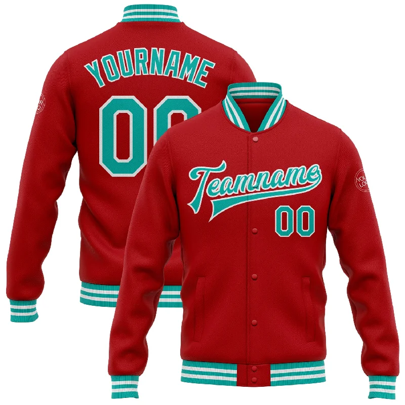 Functional And Stylish Unisex Outerwear Flash Sale Starts Custom Red Aqua-White Bomber Full-Snap Varsity Letterman Jacket