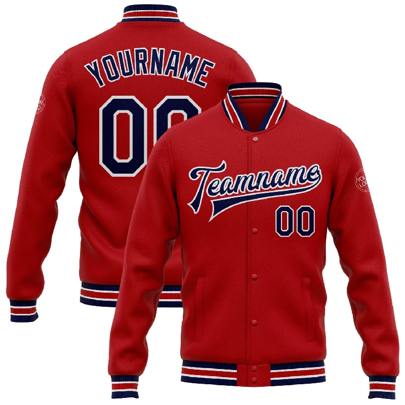 Trendy Unisex Streetwear Fashion Gift Ideas Custom Red Navy-White Bomber Full-Snap Varsity Letterman Jacket