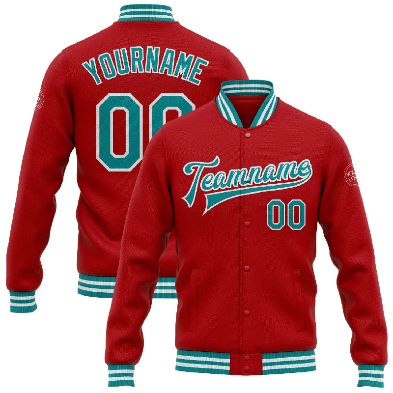 Breathable And Lightweight Unisex Wear Huge Markdowns Custom Red Teal-White Bomber Full-Snap Varsity Letterman Jacket