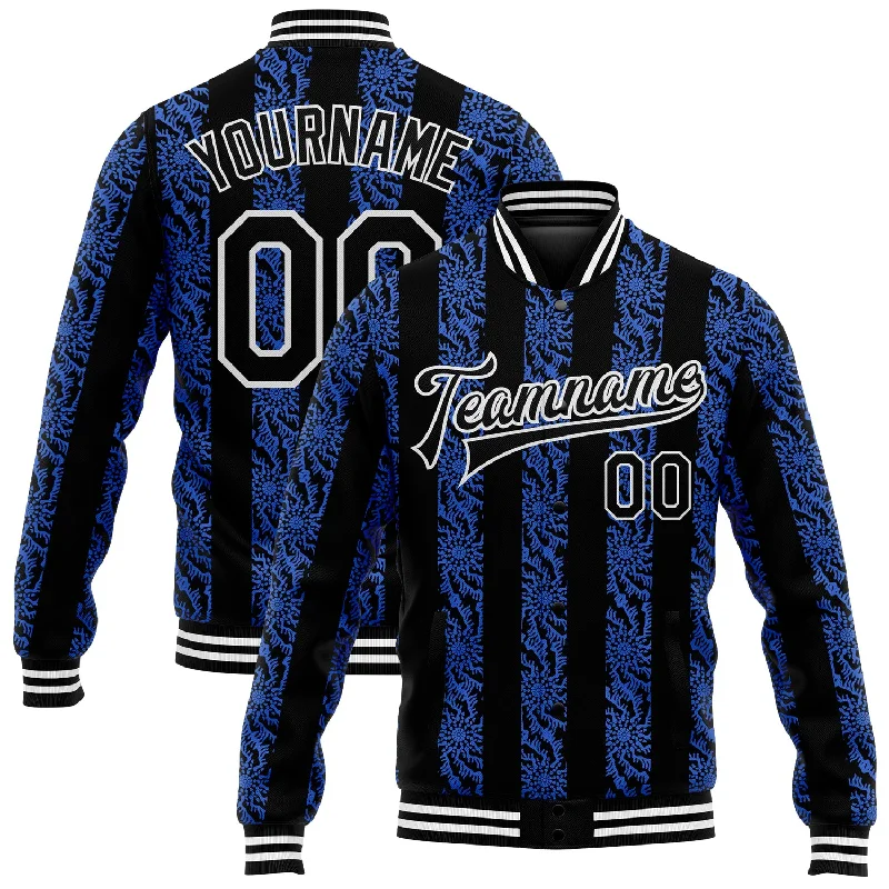 Trendy Unisex Statement Fashion Offers Custom Royal Black-White 3D Pattern Design Bomber Full-Snap Varsity Letterman Jacket