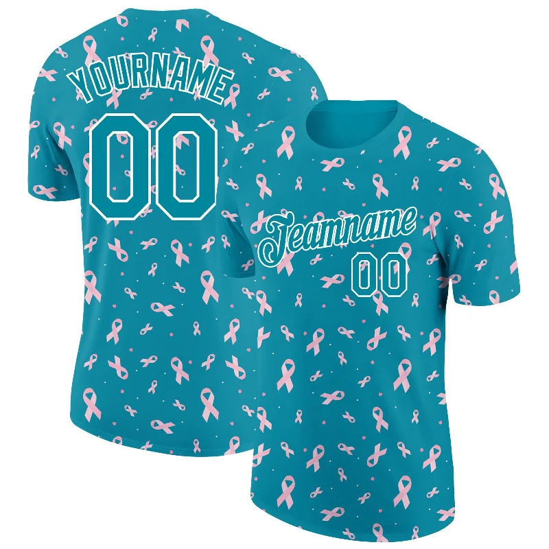 High-Quality Unisex Basics For Everyday Wear Discover Now Custom Teal White 3D Pink Ribbon Breast Cancer Performance T-Shirt