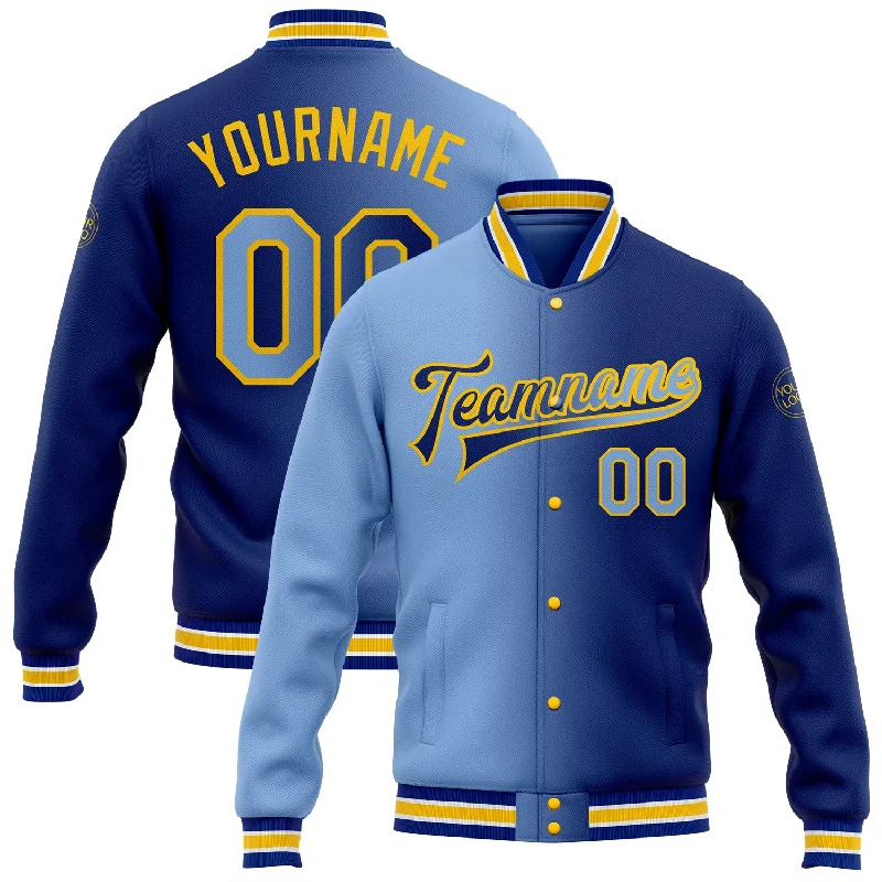 Relaxed-Fit Unisex Fashion For All-Day Comfort Seize Bargains Custom Royal Light Blue-Yellow Bomber Full-Snap Varsity Letterman Gradient Fashion Jacket Relaxed-Fit Unisex Fashion For All-Day Comfort Seize Bargains Custom Royal Light Blue-Yellow Bomber Full-Snap Varsity Letterman Gradient Fashion Jacket