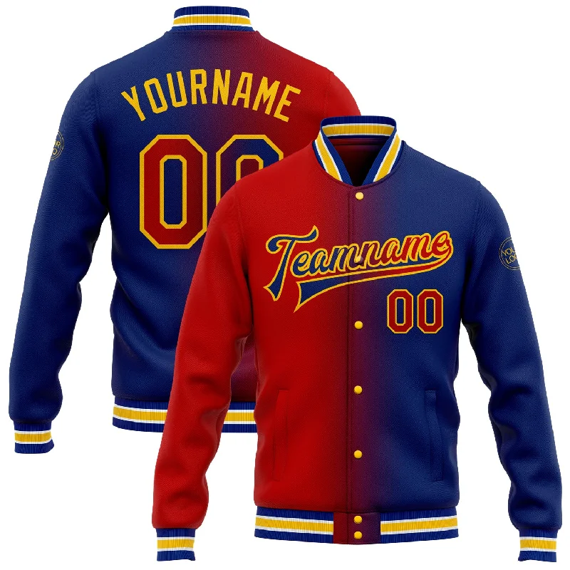 Comfortable Gender-Free Fashion Choices Find Your Unique Flair Custom Royal Red-Yellow Bomber Full-Snap Varsity Letterman Gradient Fashion Jacket Comfortable Gender-Free Fashion Choices Find Your Unique Flair Custom Royal Red-Yellow Bomber Full-Snap Varsity Letterman Gradient Fashion Jacket